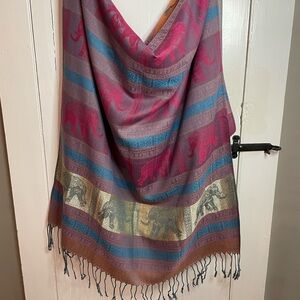 100% Cashmere Women's Color block Elephant Pattern Fringe Pashmina 27" X 68"